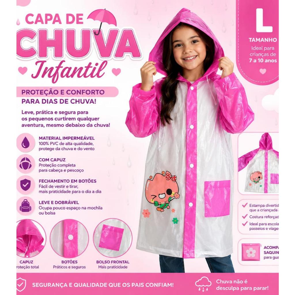 Capa de Chuva Infantil Impermeável com Mochila Proteja seu pequeno nos dias de chuva com esta capa de chuva infantil