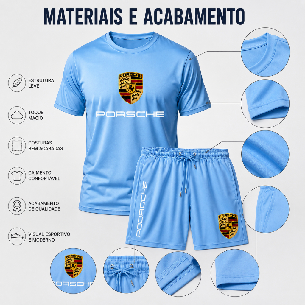 Conjunto Masculino Porsche Camiseta e Bermuda Esportiva Casual Moderna para Dia a Dia Kit Masculino Porsche Camiseta