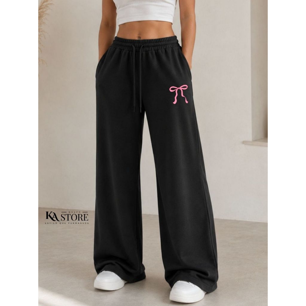 Calça Moletom Wide Leg Estilo Urbano Streetwear I'm Just Girl Cute Pantalona Confortável Algodão Lançamento Jogger Laço