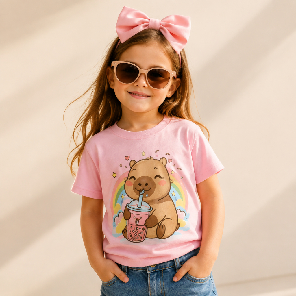 Camiseta Infantil Blusinha Feminina Dia das Crianças Estampada Capivara Arco Íris 100% Algodão Confortável Leve Macia