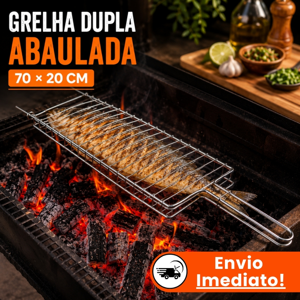 Grelha de Peixe Churrasco Abaulada Dupla 70 x 20 Assar Peixe Carne Churrasco Grande Premium