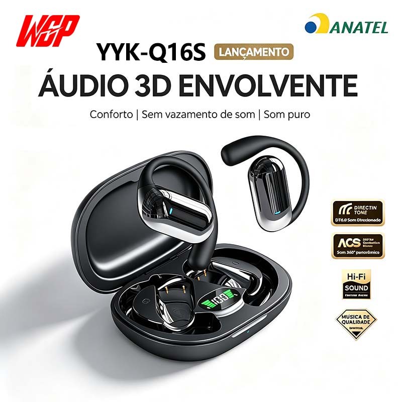 Imagem WGP Fone Bluetooth Ouvido Aberto com IA Áudio 3D ACS Bluetooth 5.4 Bateria 90h Sem Vazamento de Som Confortável para