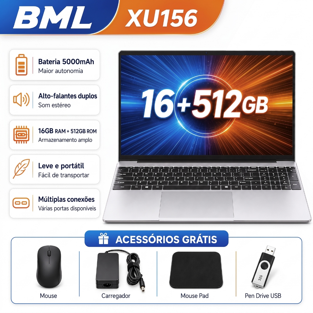 Notebook Gamer 15,6" HD 1080 N156  Intel Celeron 12GB RAM 512GB SSD Windows 10 5G LTE Wi-Fi Notebook-Full HD IPS Lumina