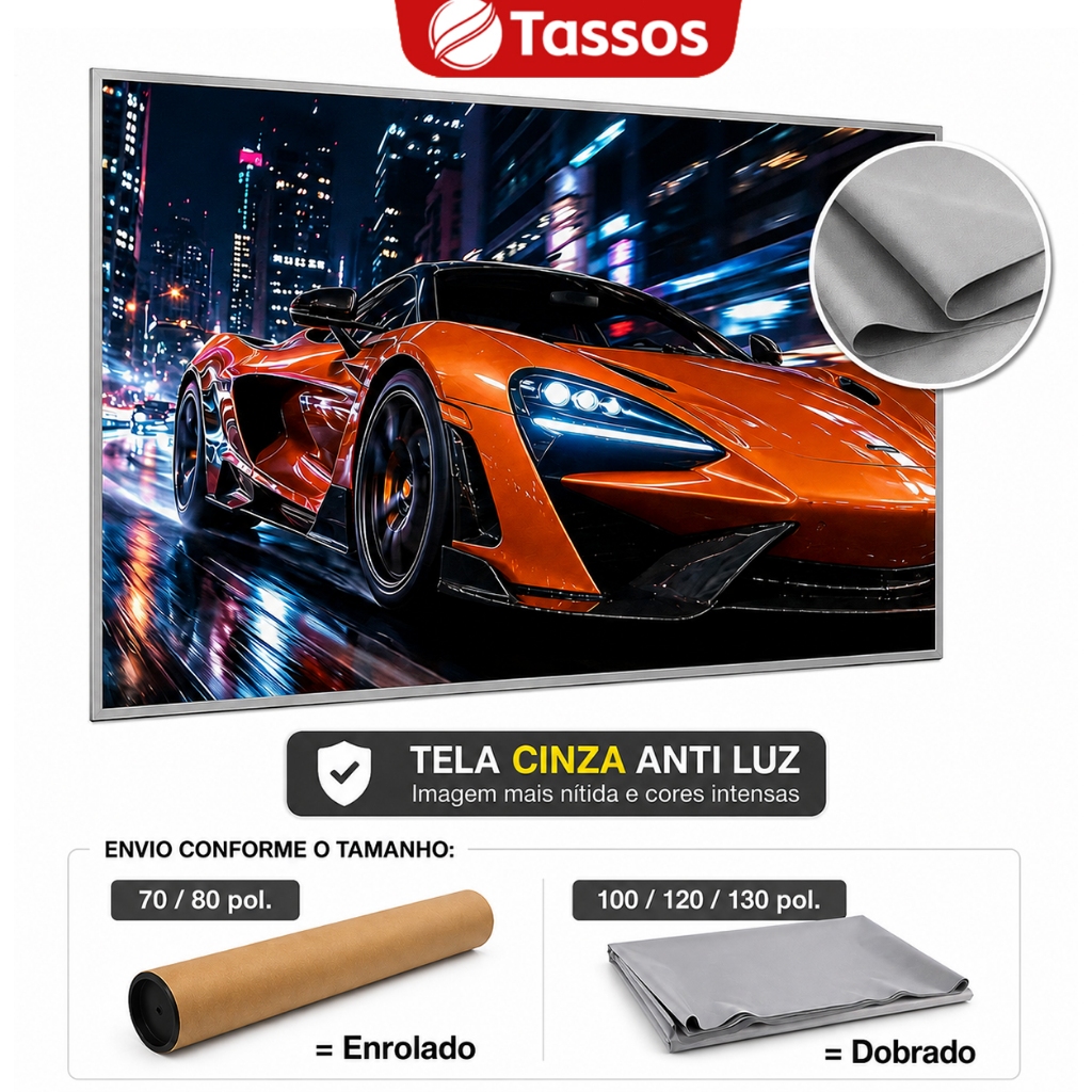 TASSOS Tela de Projeção Antirreflexo 70”/80”/100”/120”/130” Dobrável 4K Full HD – Alto Contraste, Portátil, Home Theater