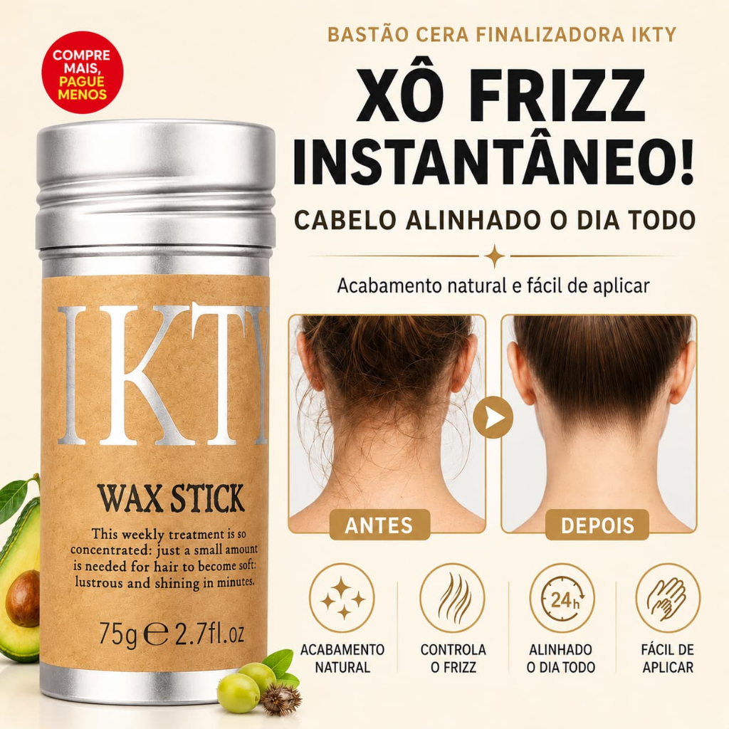 Bastão Cera Finalizadora IKTY Wax Stick 75g Xô Frizz Instantâneo Cabelo Alinhado o Dia Todo Acabamento Natural