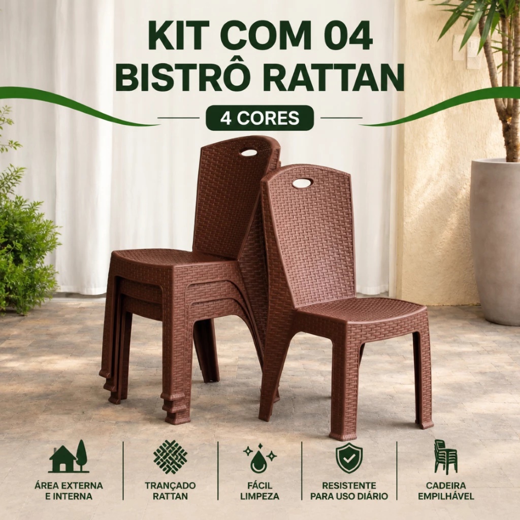 Kit 4 Cadeiras Bistrô Rattan Reforçada Empilhável para Jardim Varanda Área Gourmet Restaurante Piscina Escritório Salão