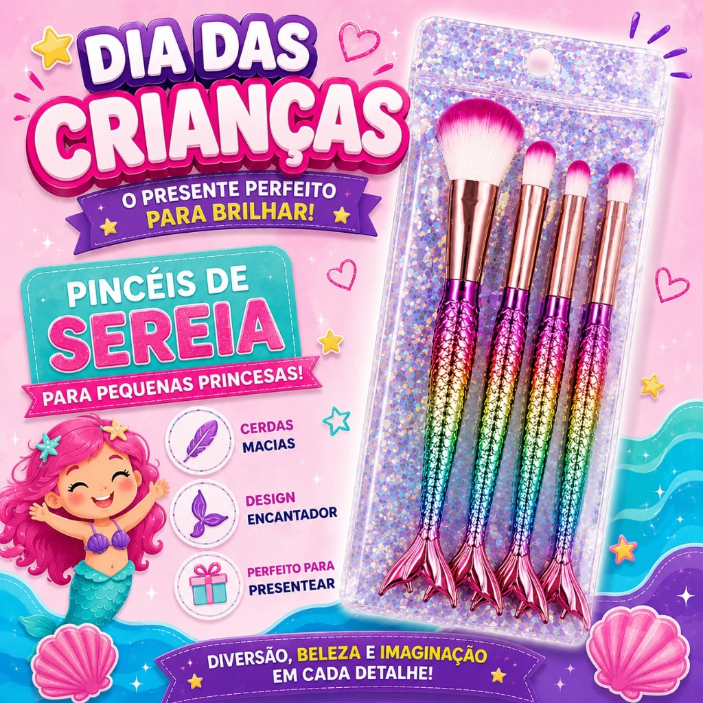 Kit 4 Pincéis de Maquiagem Sereia Infantil Cerdas Macias Presente Dia das Crianças Menina