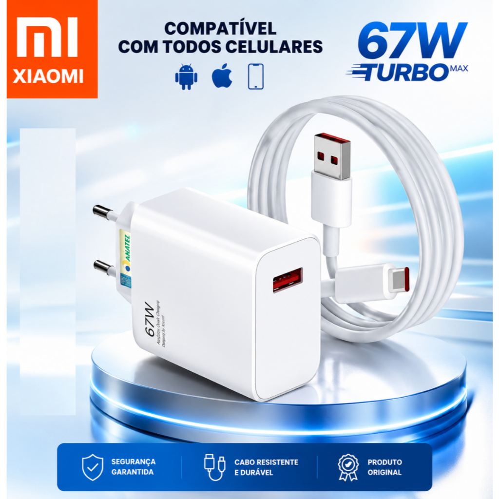 Carregador Turbo Tipo C 67w Xiaomi Original Fonte Cabo Usb Rápido