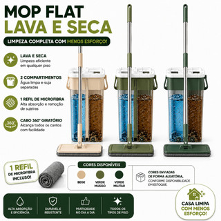 Mop Flat Balde Lava Seca Com Refil Microfibra Cabo Inox Limpeza Mágica Rodo Inteligente