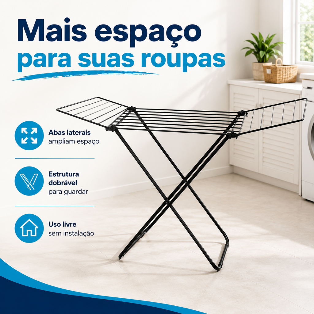 Varal de Chão Com Abas Dobrável Aço Preto - Estrutura Reforçada, Compacto e Design Moderno