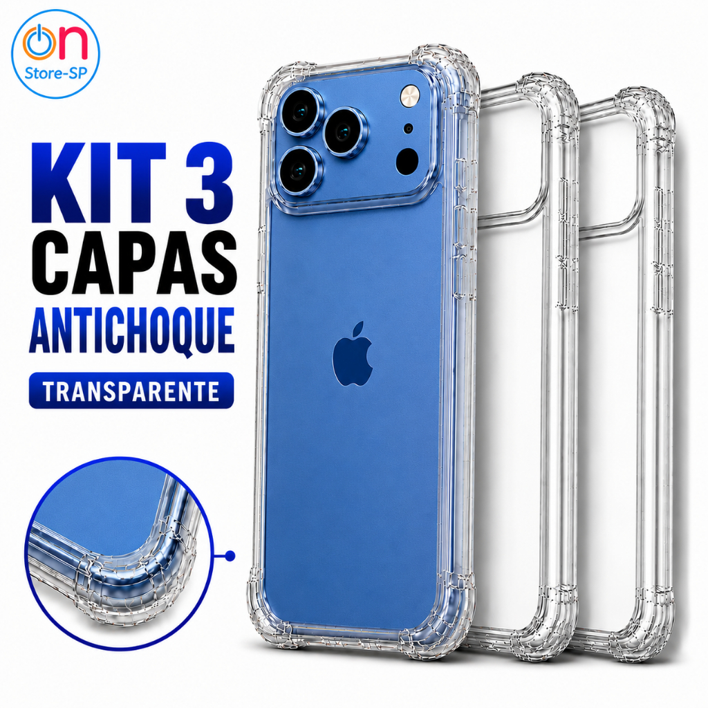 Kit 3 Capas Transparentes Antichoque TPU Flexível iPhone 17 16 15 14 13 12 11 XR Pro Max Plus Air