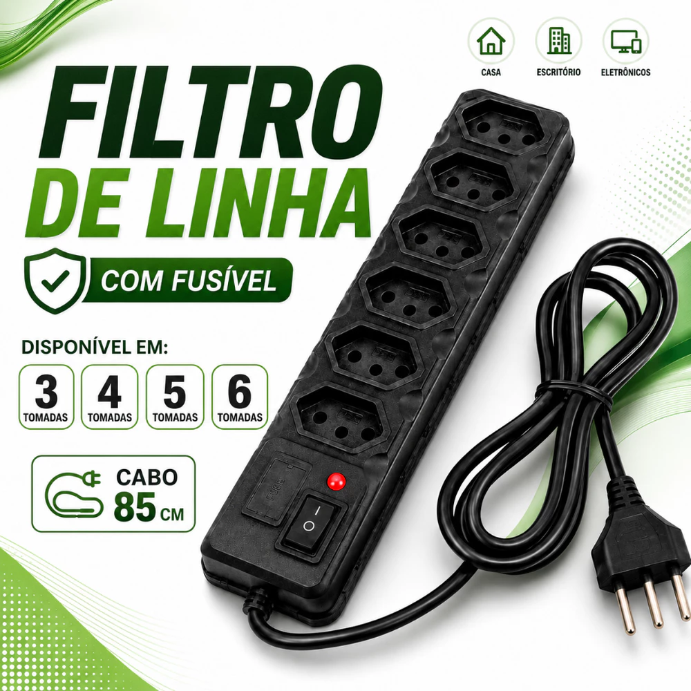 Régua Elétrica 3, 4, 5 e 6 Saídas Filtro de Linha 10A Tripolar Proteção com Fusível