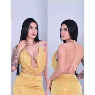 Cropped Feminino com Brilho e Decote Halter | Elegante para Festa e Balada pate