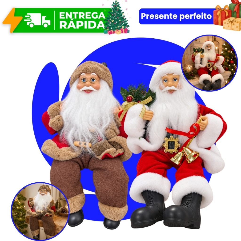 Boneco Papai Noel Natal Sentado Rústico/Vermelho Decoração Enfeite 30cm