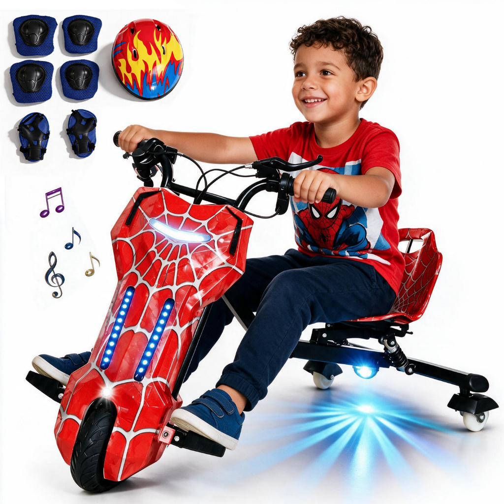 350W Drift Triciclo Elétrico 360° Drifting com Amortecedor, Música Bluetooth, Freio de Mão, 3 Velocidades, Luzes LED