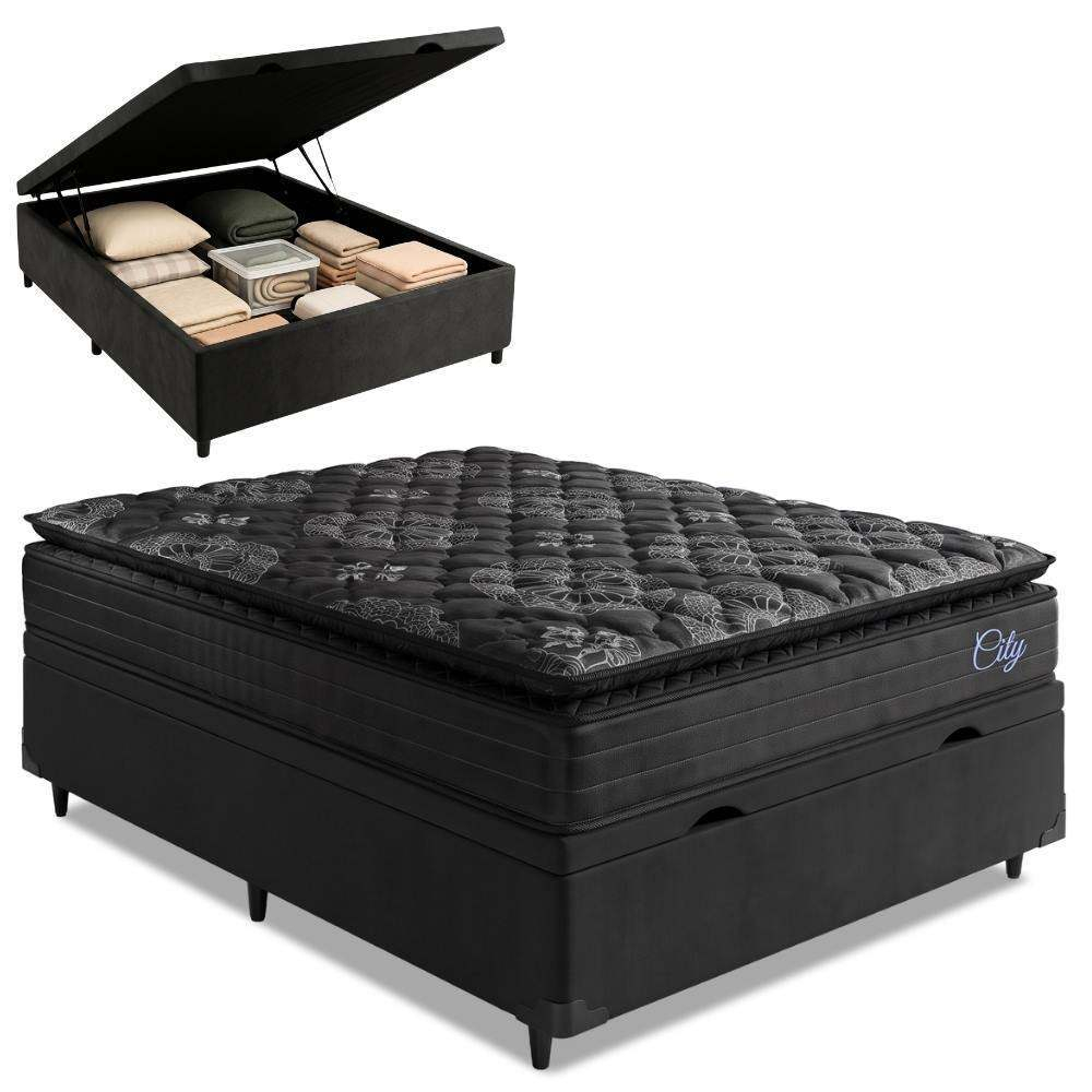 Cama Box Baú Casal Colchão Com Molas Ensacadas City Pillow Top 138x188x64cm Preto Hellen