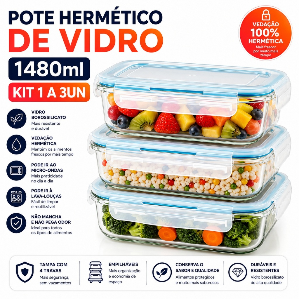 Kit 1 a 3 Potes de Vidro Herméticos 1480ml Marmita Fit Tampa 4 Travas Micro-ondas