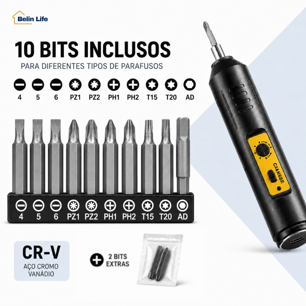 Mini Parafusadeira Elétrica Portátil USB Type-C com 10 Bits CR-V + 2 Extras para Casa Luatek