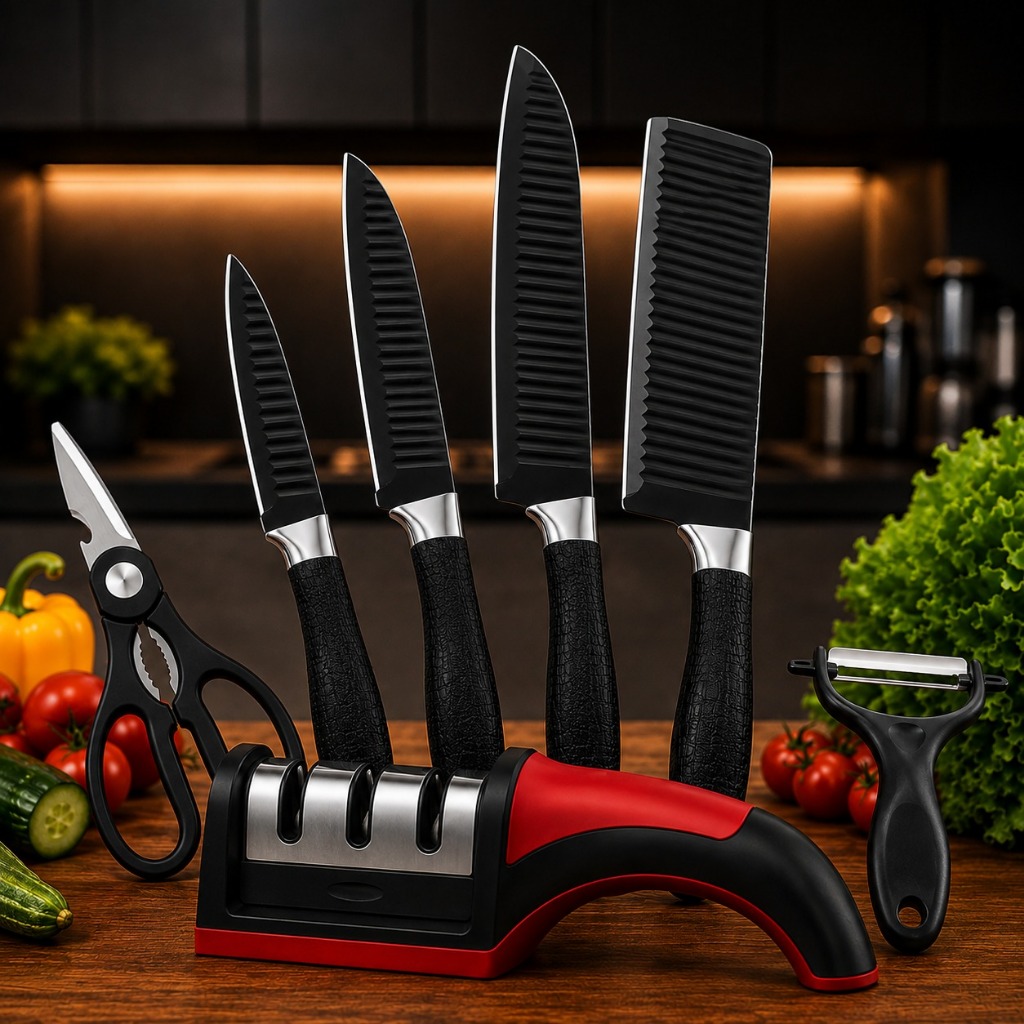 Jogo de Facas 7 Peças Inox com Afiador 3 Estágios Tesoura Descascador Cozinha Churrasco