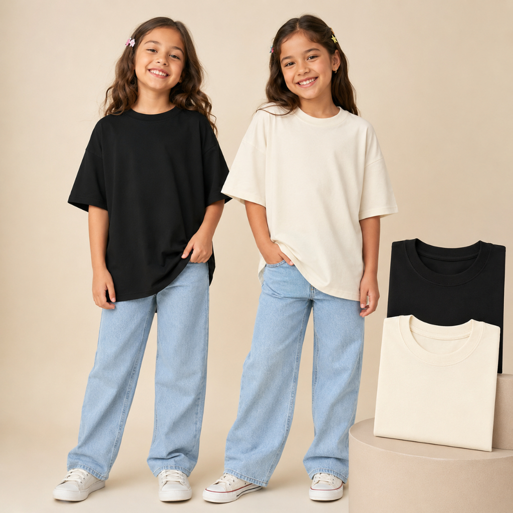 Kit 2 Camisetas Infantil Oversized Feminino 100% Malha Suedine Premium Confortável Cores Tamanhos 2 ao 16