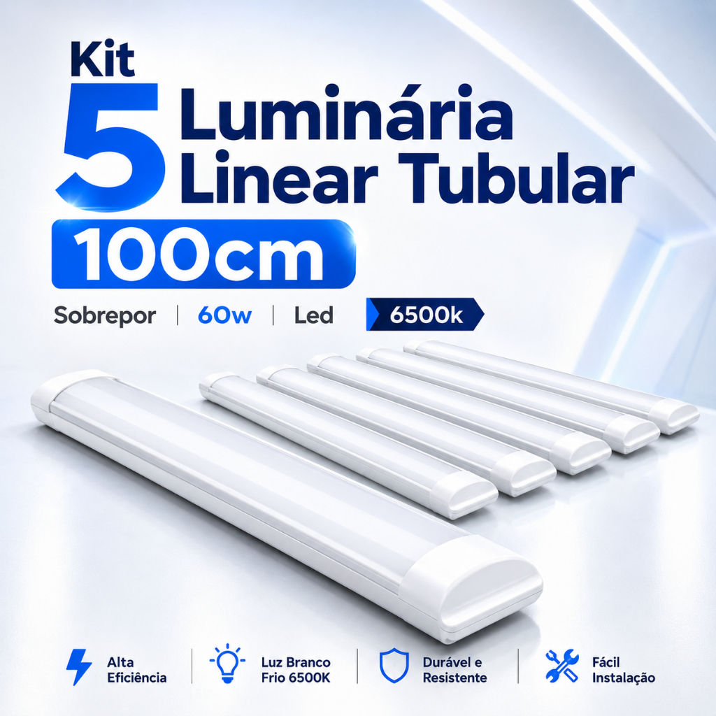 Kit 5 Luminária Linear Tubular 100cm Sobrepor 60w Led 6500k
