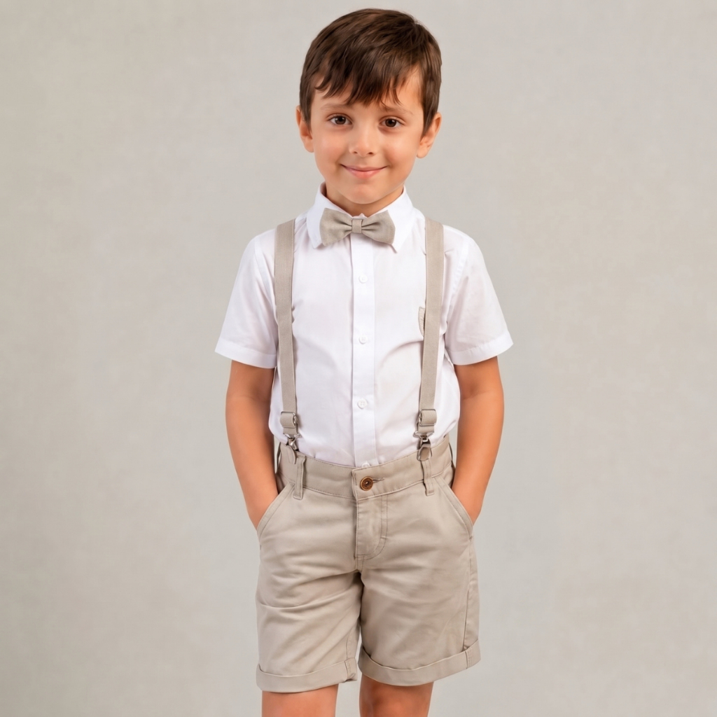 Conjunto Social Infantil Menino Camisa Branca Bermuda Suspensório Gravata Batizado Festa Casamento Pronta Entrega