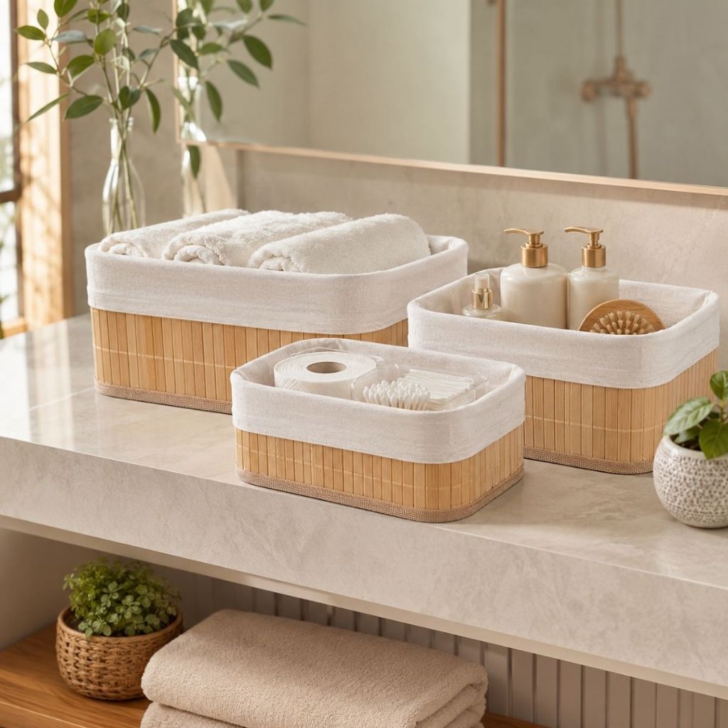 Kit 3 Cestos Organizadores de Bambu com Forro Lyor Retangular Natural Já Montado Removível Lavável Multiuso Cesta Cestin