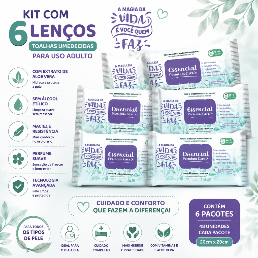 Kit 6 Pacotes Lenços Umedecidos Adulto Essencial Premium Care 288 Unidades Higiene Geriátrica Conforto Alta Absorção