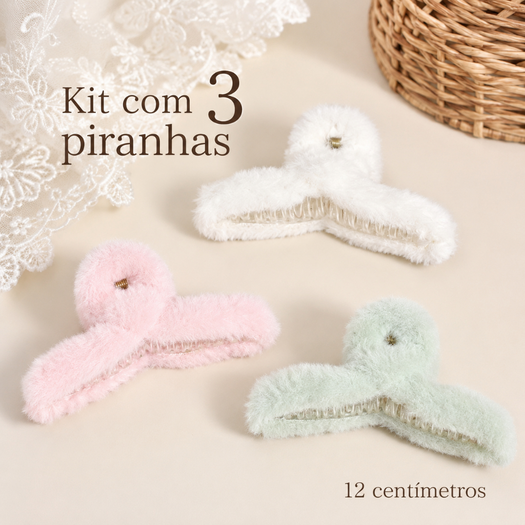 Kit 3 Piranhas de Cabelo Grandes Felpudas 12 cm Presilhas Pelúcia para Coque e Penteados PI5203