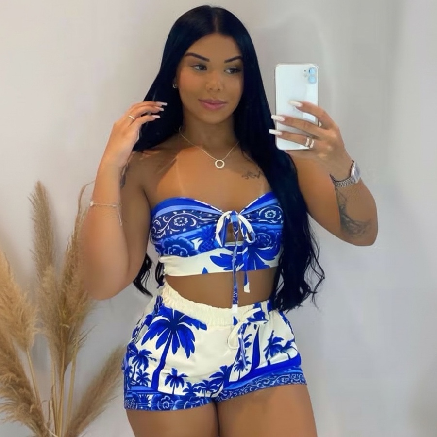 Conjunto Feminino Estampado Cropped Tomara que Caia Amarração + Short Curto Tendência Verão Moda Blogueira