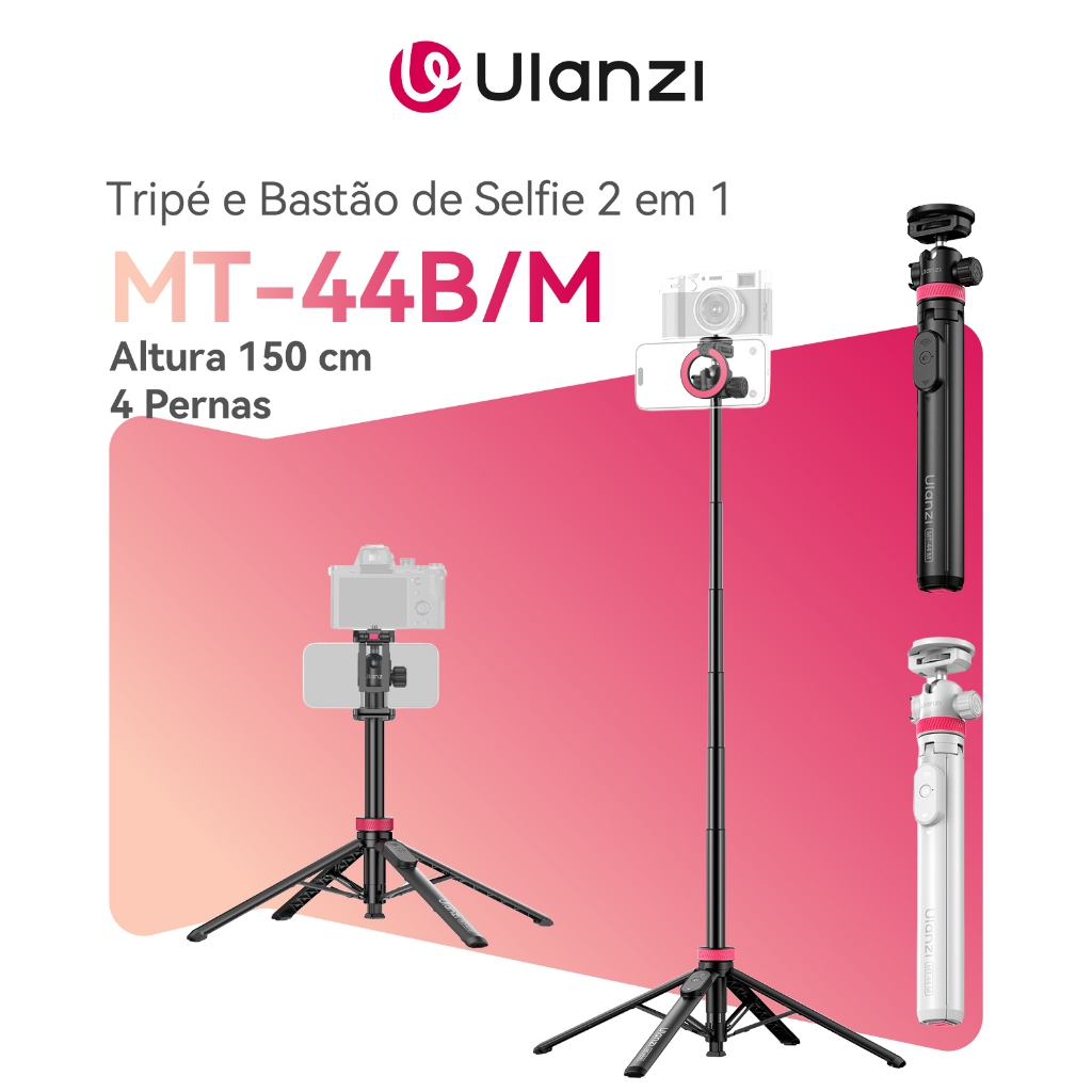 ULANZI MT-44B/MT-44M Tripé e Bastão de Selfie 2 em 1 Até 150 cm Controle Remoto Sem Fio, para Celular e Câmera