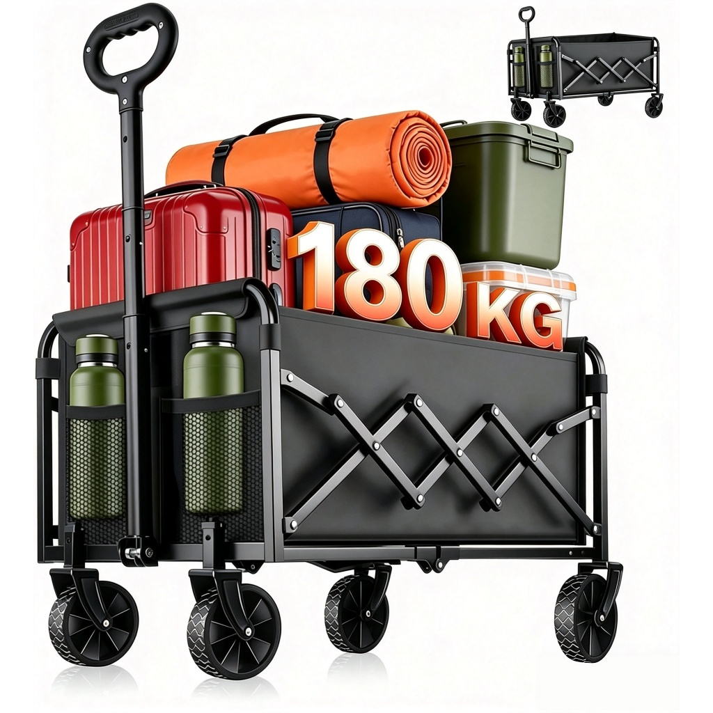 Carrinho de Acampamento Dobrável, Grande Capacidade, Rodas Off‑Road, Para Piquenique, Pesca, Feira e Uso Doméstico