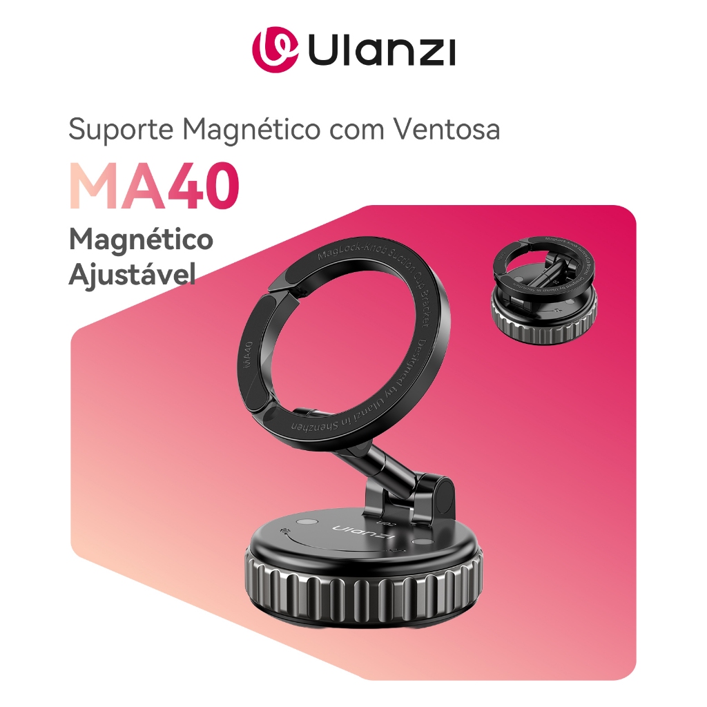 ULANZI MA40 MagLock Suporte Magnético com Ventosa, Compatível com MagSafe, Ajuste Multiângulo para Celular