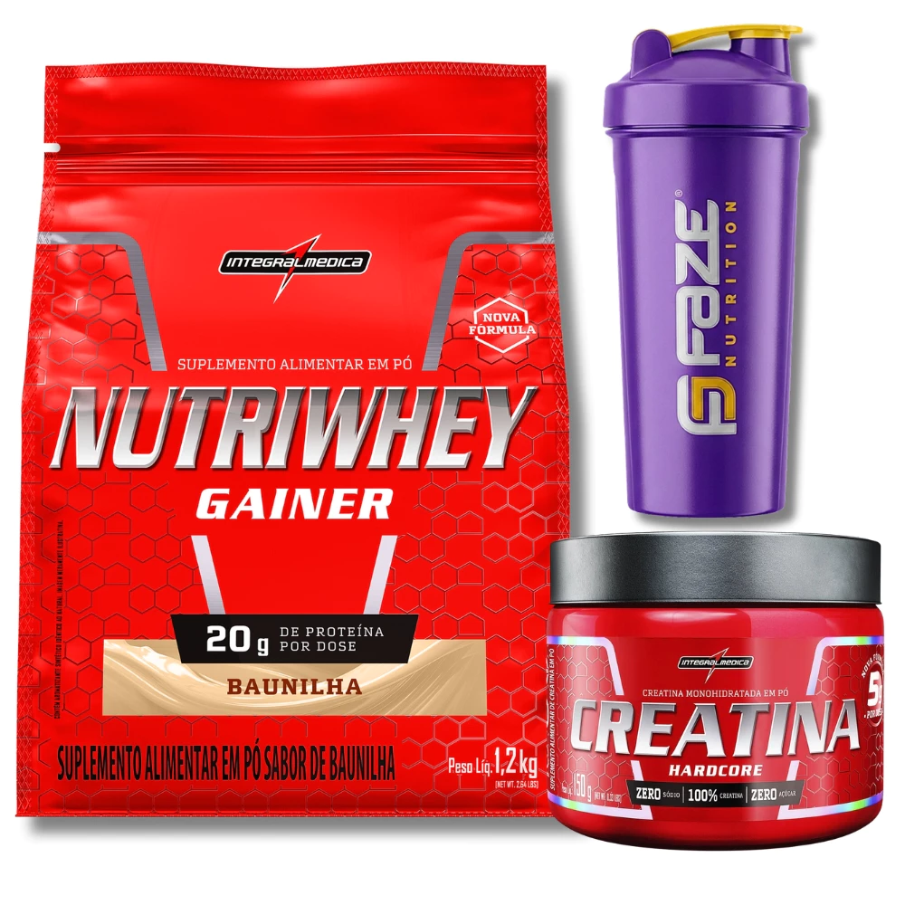 Kit Nutri Whey Gainer Refil 1,2kg + Creatina Hardcore150g Integralmedica + Coqueteleira Faze Nutrition — imagem 1