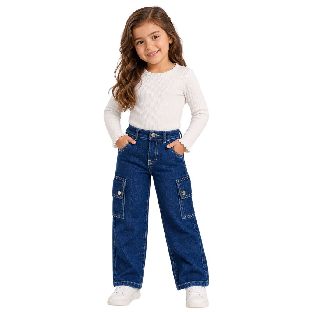 Calça Jeans Cargo Infantil Menina Feminina Wide Leg Regulador