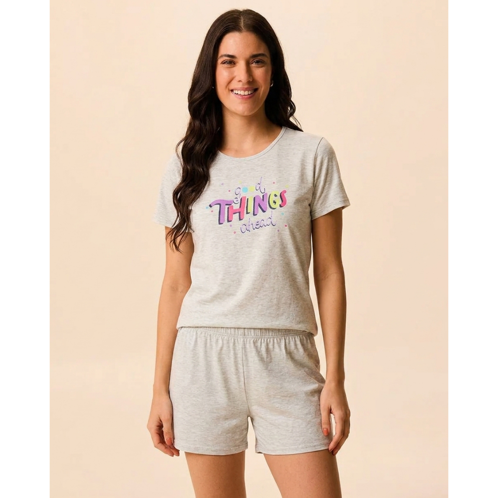 Pijama Feminino Blusa Estampa Lettering Frontal Em Malha Algodão