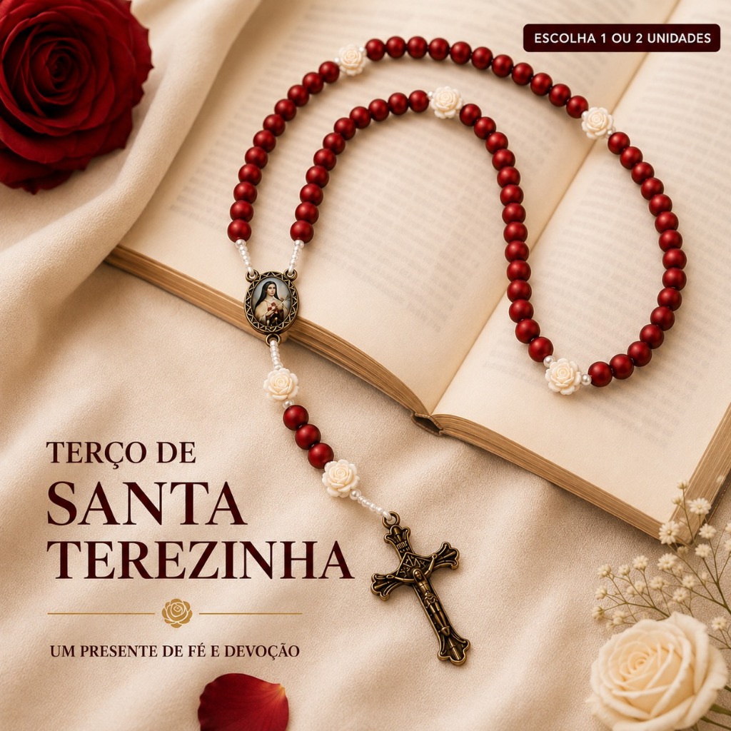 Terço Católico Santa Terezinha Vermelho Emborrachado Rosas Brancas Pai Nosso Entremeio com Foto e Crucifixo de Metal