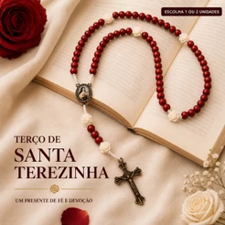 Terço Católico Santa Terezinha Vermelho Emborrachado Rosas Brancas Pai Nosso Entremeio com Foto e Crucifixo de Metal
