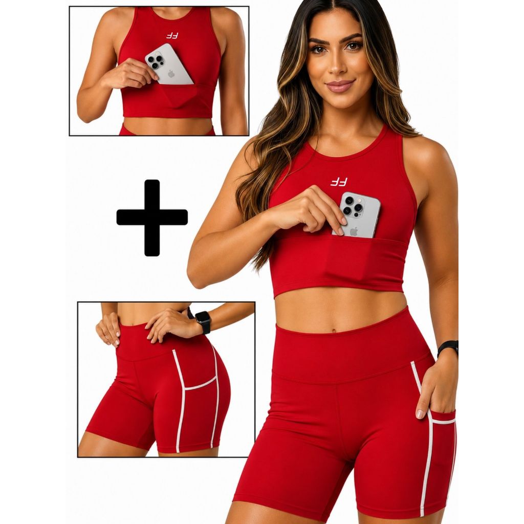 Conjunto Corrida Top com Bolso e Short Com Bolsos Para Acessórios CrossFit Academia Feminino