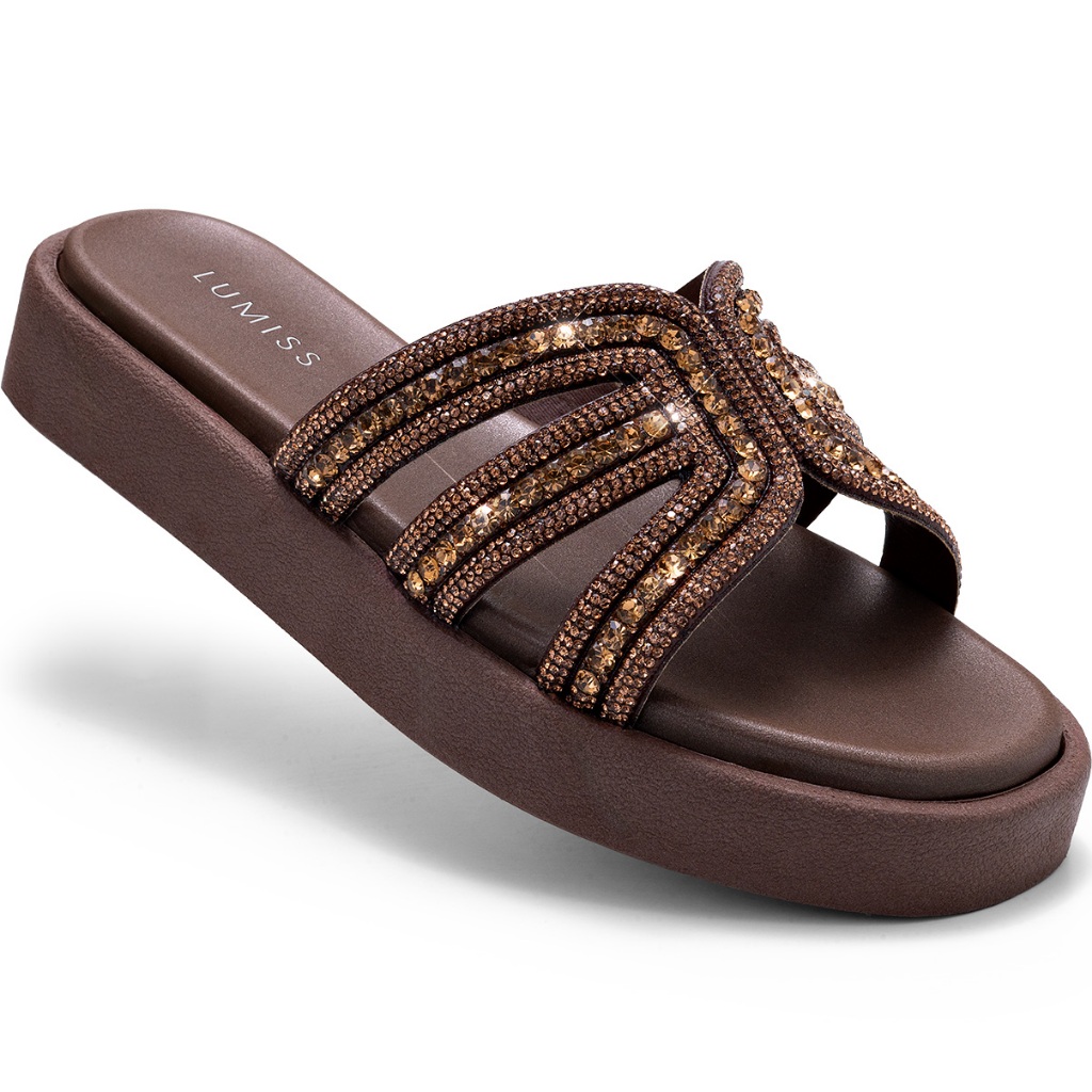 Sandália Feminina Lumiss Flatform Tamanco Confortável Brilho Casual Strass