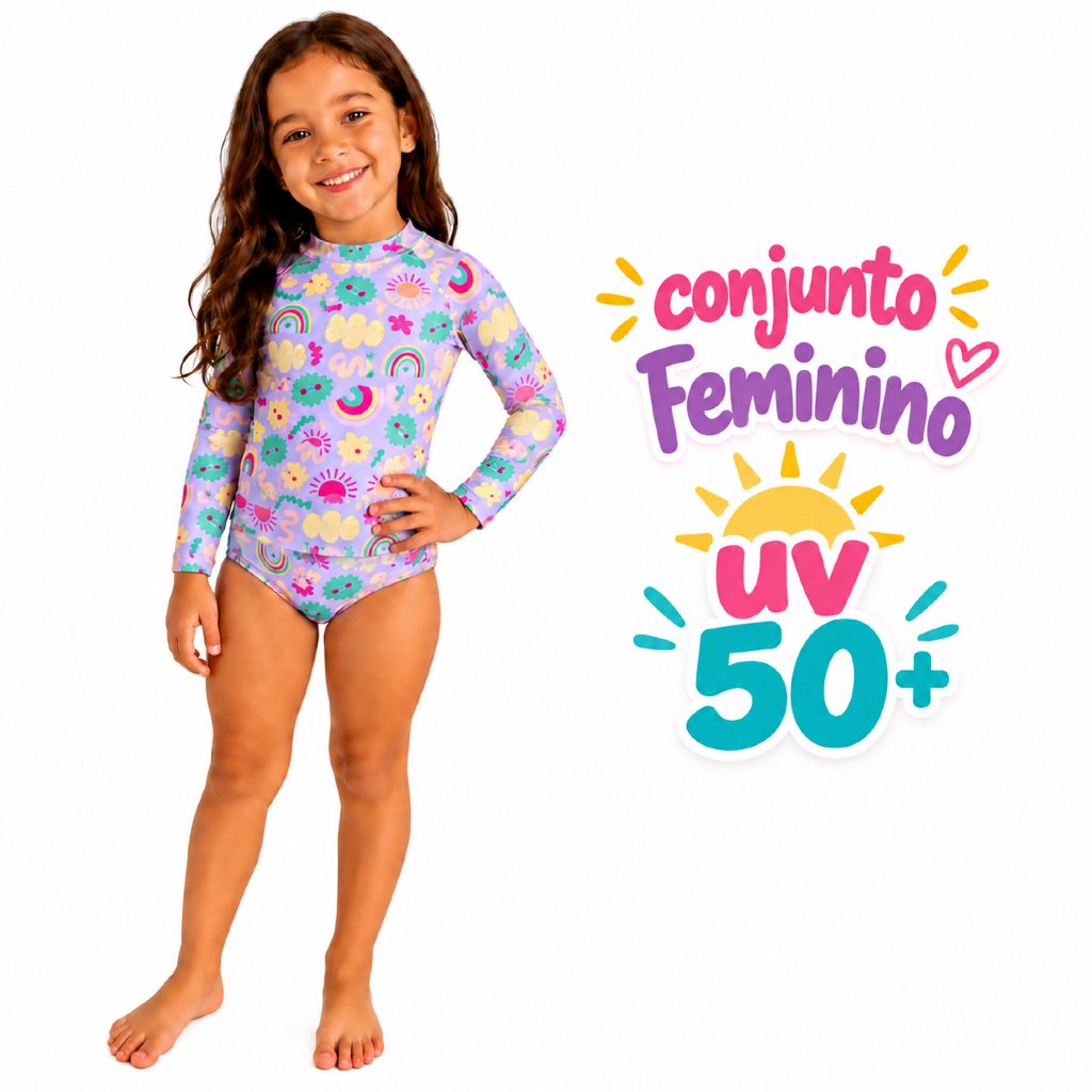 Kit Conjunto infantil de praia para meninas, Biquíni Blusa Proteção UV50 + e calcinha biquíni Praia.