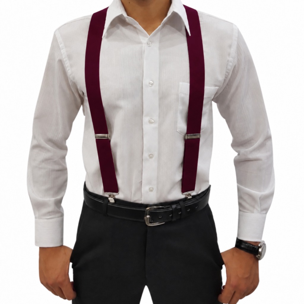 Suspensório Masculino Feminino Unissex Vinho Largo 3,5 cm Elástico Ajustável Detalhe em Couro Social Casamento Civil