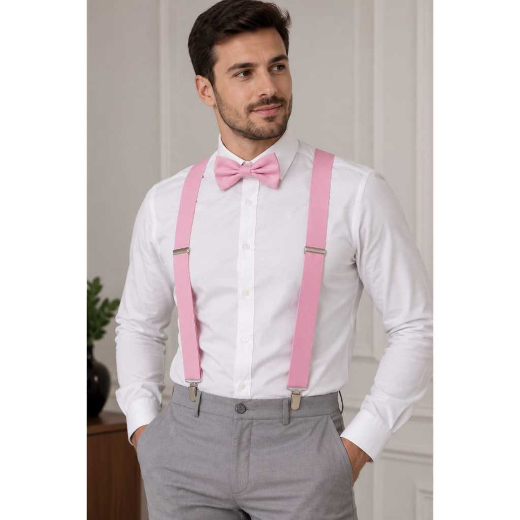 suspensório ajustável adulto feminino e masculino com gravata borboleta cor salmão