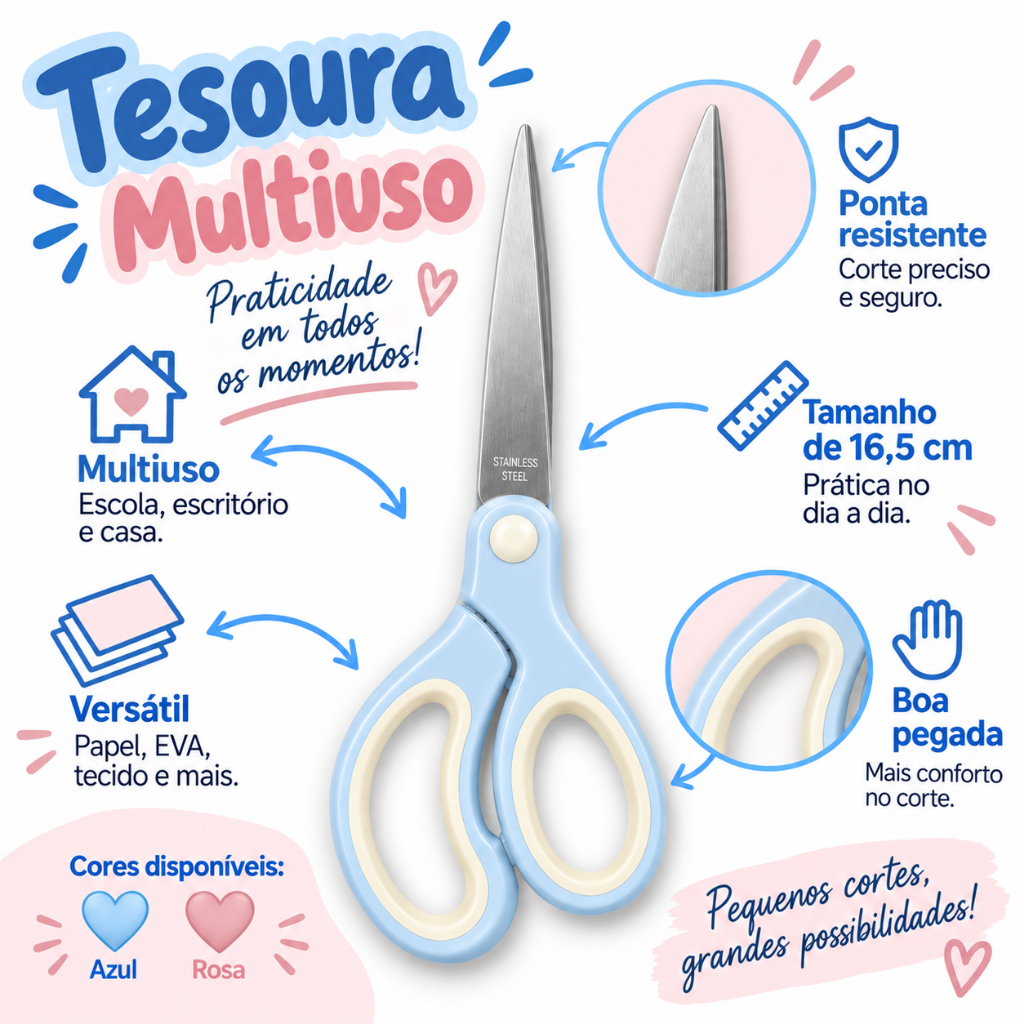 Tesoura Multiuso 16,5cm Oule Rosa Azul Tecido Costura Papel Escola EVA Corte Fita Adesiva Escritório