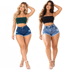 Short Jeans Feminino Cintura Alta 100% Algodão Desfiado Destroyed Curto Barra Desfiada Moda Feminina Verão