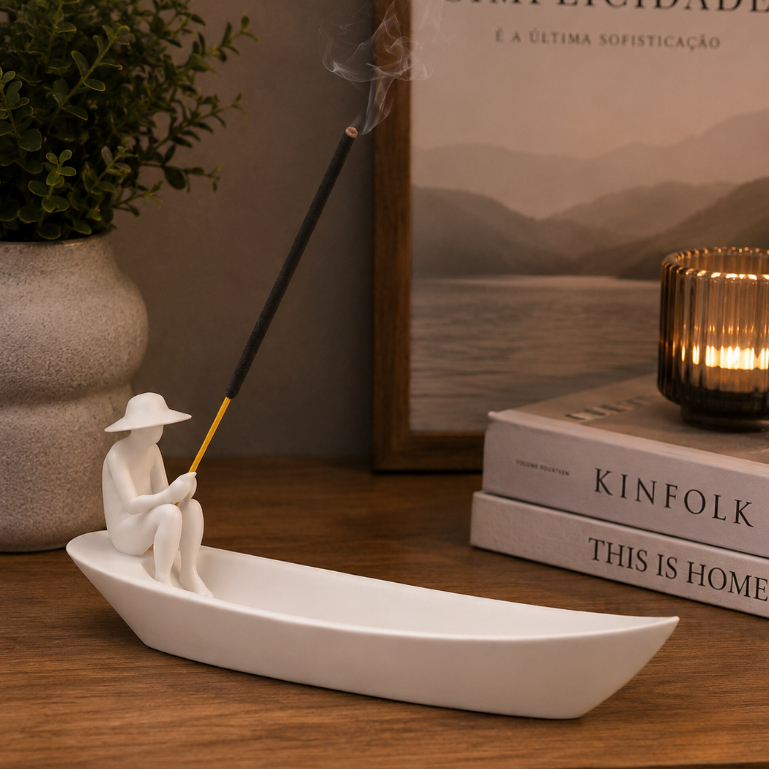Imagem Incensário Porta Incenso Pescador Águas Calmas Decoração Zen Canoa Relaxamento - Decoração Calma e Minimalista