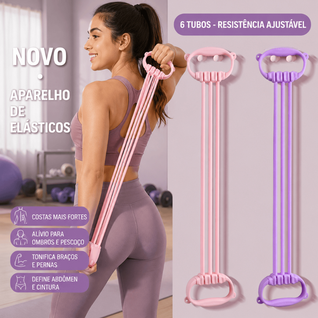 Elástico de Treino Compacto com Alças Ergonômicas - Resistência Moderada, Yoga, Pilates e Fisioterapia (Rosa/Roxo/Azul)