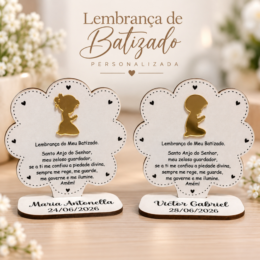 Kit Lembrancinhas Batismo, Oração Santo anjo, Batizado - Personalizado com acrílico espelhado. Mdf