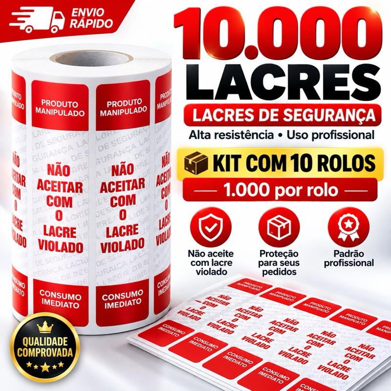 10 Rolos Lacre Delivery 10x2cm 10.000 Etiquetas Adesivas Segurança Alta Cola iFood Restaurante