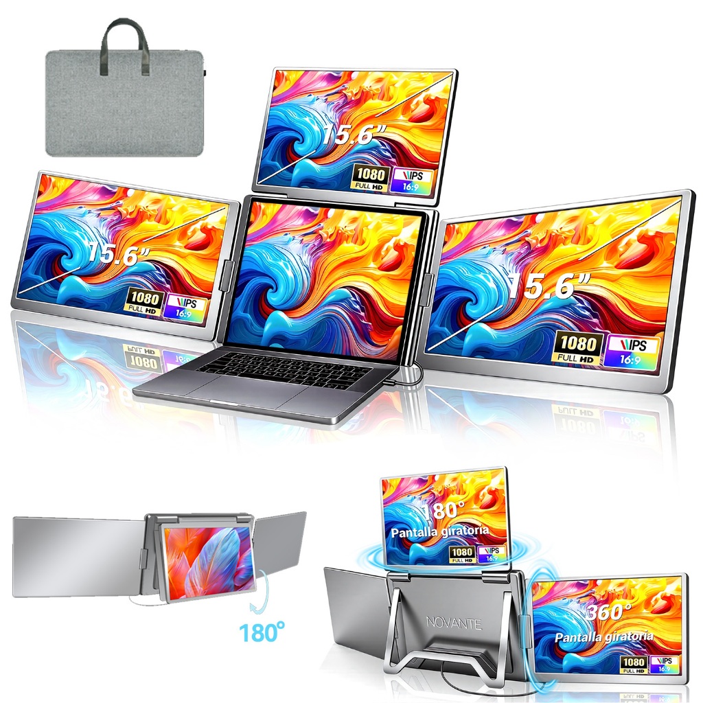 Monitor Portátil Triplo NOVANTE 15.6" FHD IPS Expansor de Tela 3 Telas Rotação de 360º para Notebook Windows e macOS